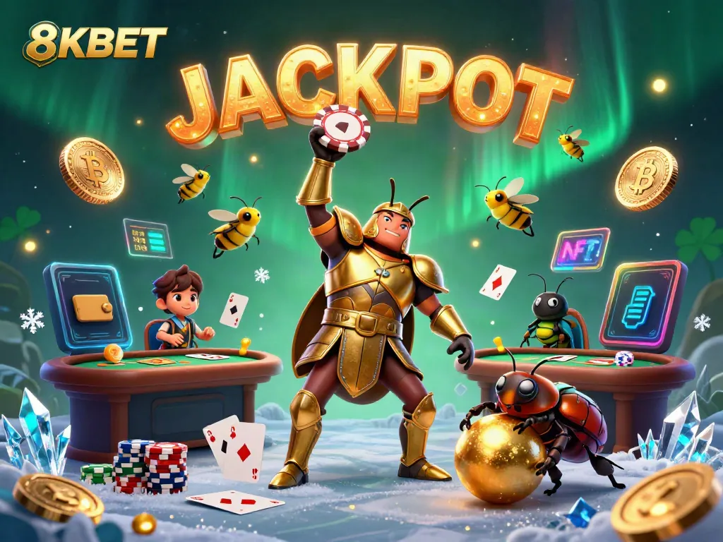 Experience thrilling poker adventures with 8KBET's vibrant 3D cartoon scene featuring beetles and coins.