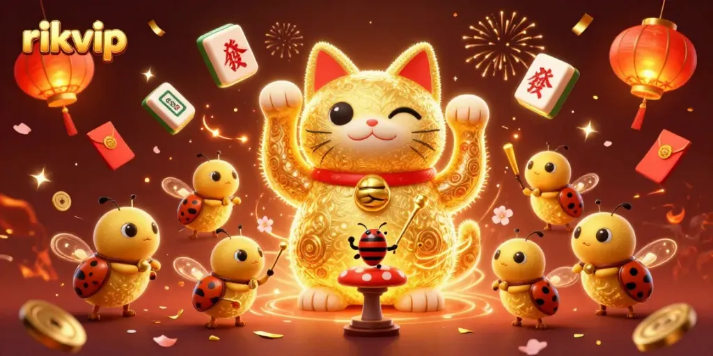 Experience the magic of rikvip with a lively illustration of a lucky cat and casino symbols.