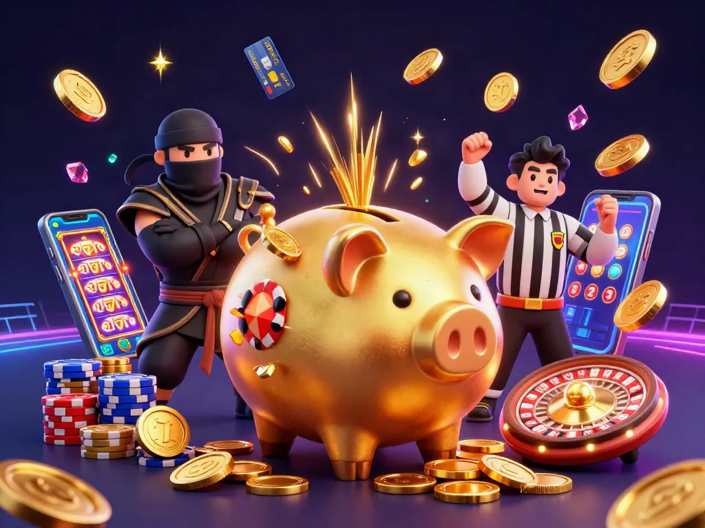 Experience thrilling action with sv88 as a golden piggy bank sumo wrestler sparks a cascade of coins in this casino illustration.