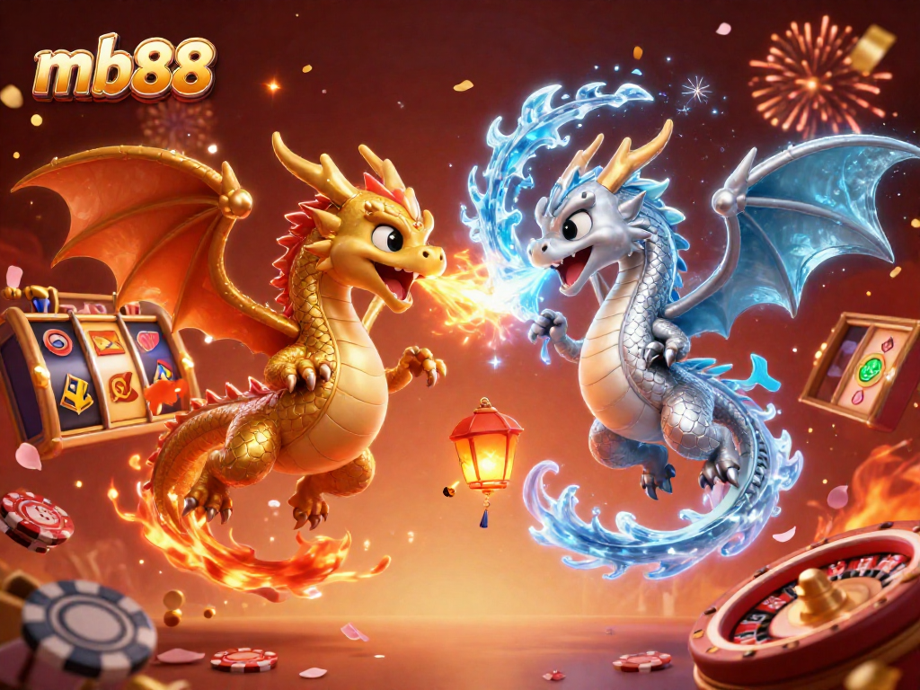 Experience thrilling gameplay at mb88 with a golden dragon and a silver dragon battling amid dynamic casino elements and festive fireworks.