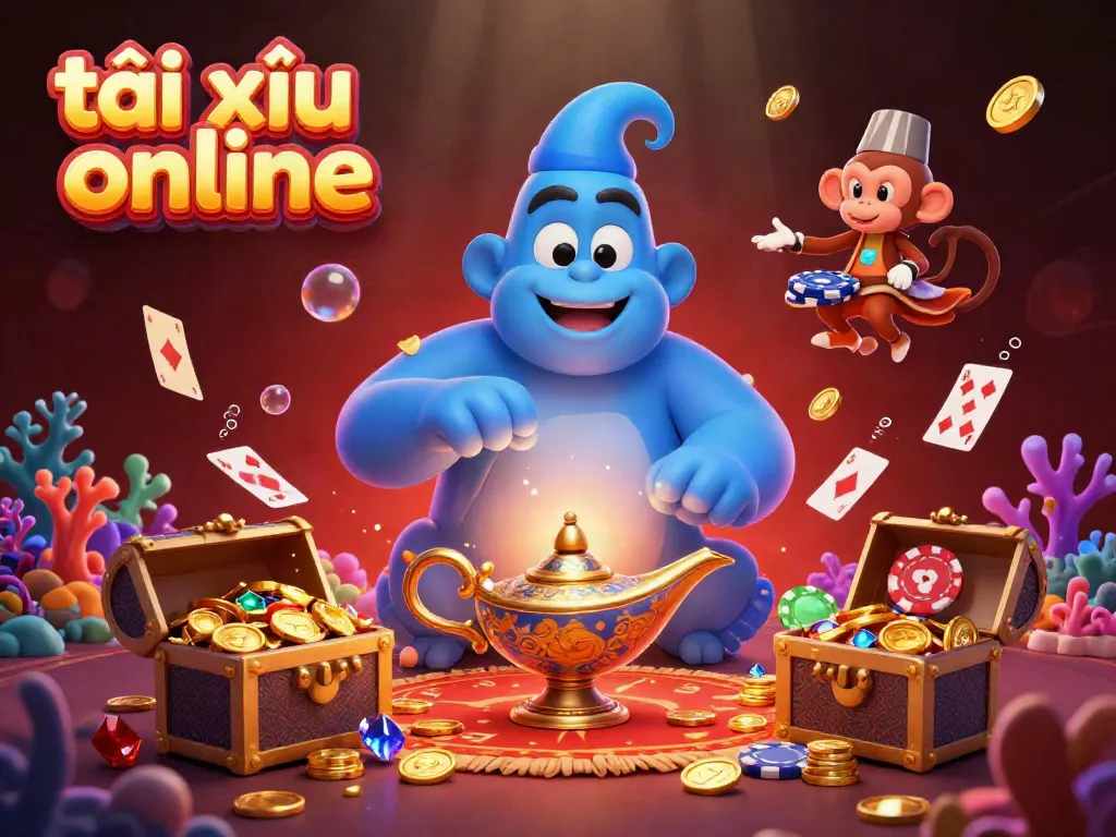Experience the excitement of tài xỉu online with a vibrant 3D illustration featuring a genie, monkey, and poker chips.