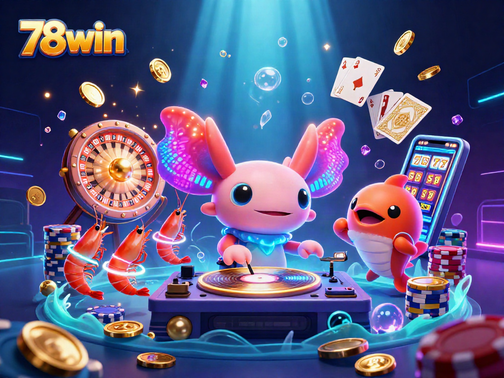 Experience thrilling underwater gaming at 78win with vibrant DJ axolotl and winning elements.