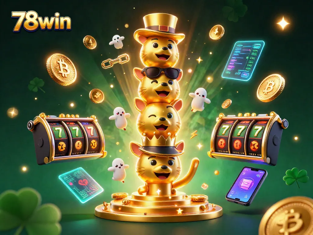 Experience the thrill of 78win casino with vibrant slot games and crypto elements in a dynamic 3D scene.