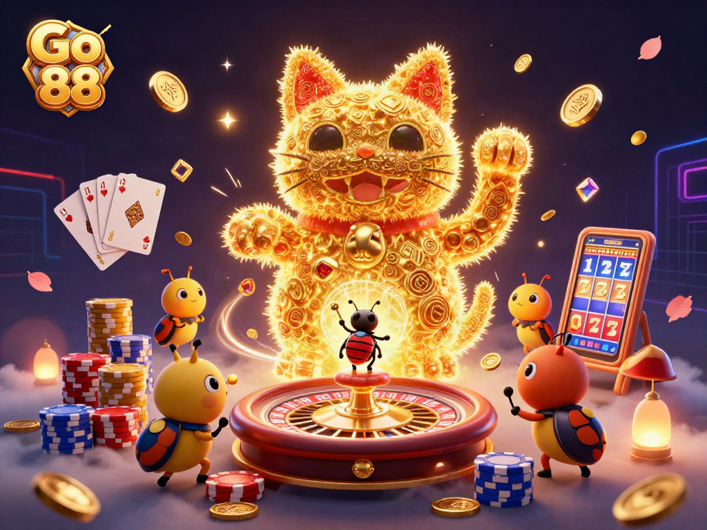 Experience the excitement of Go 88 with a dynamic golden lucky cat and casino elements.