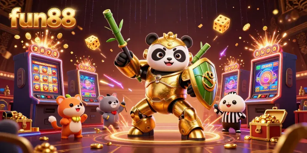 Fun88's exciting casino scene with a golden panda in a mech-suit, amidst jackpot explosions.