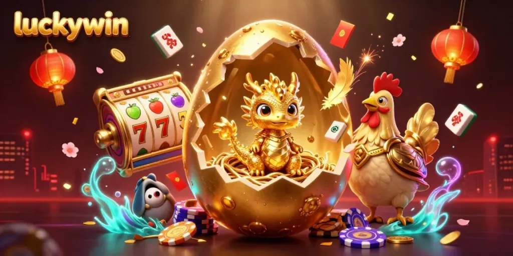 Experience thrilling gameplay with luckywin's golden dragon and slot elements in a vibrant digital illustration.