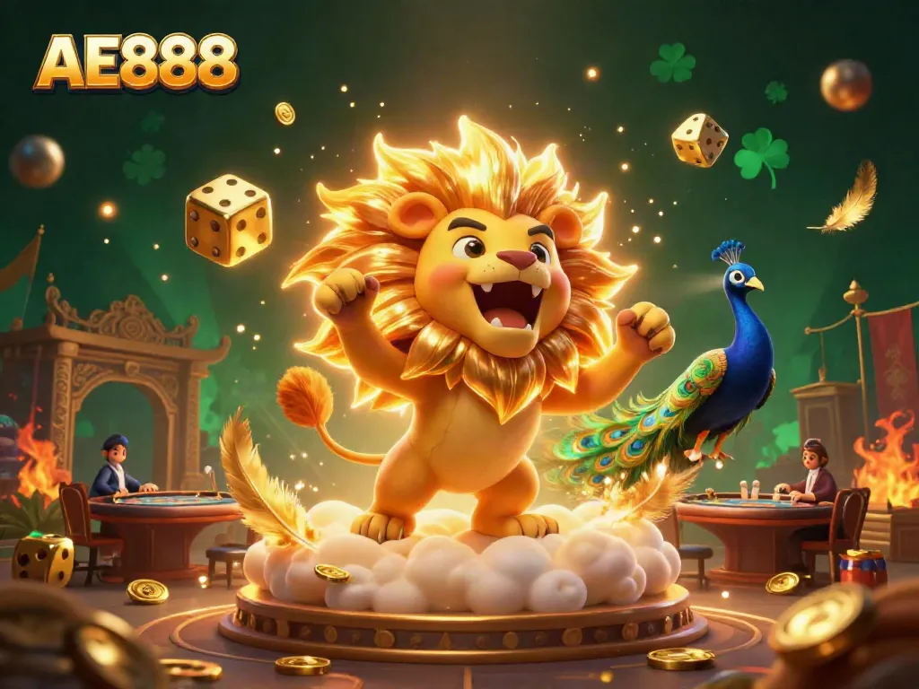 Experience the thrill of AE888 casino games with a vibrant 3D illustration featuring animated characters in a dynamic casino scene.