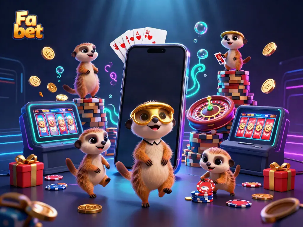 Fa bet meerkats running a vibrant casino, showcasing colorful slots and playful elements.