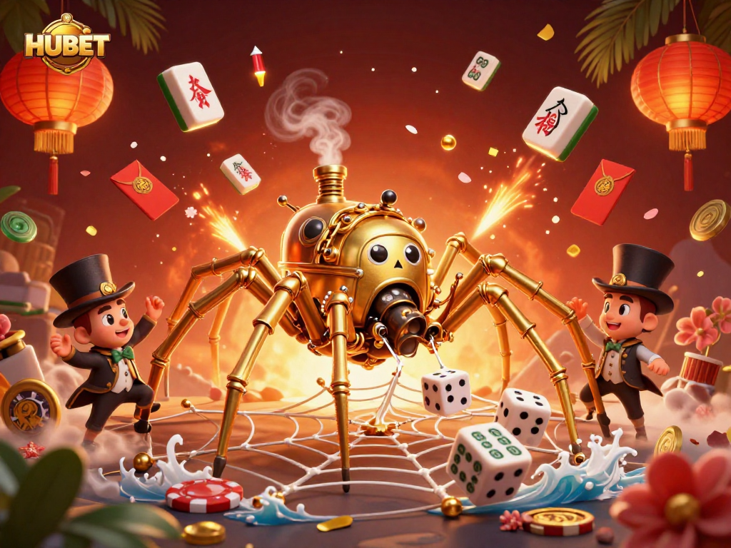 Experience the thrilling action with HUBET as the golden spider ensnares lucky poker chips and dice amidst festive gaming elements.