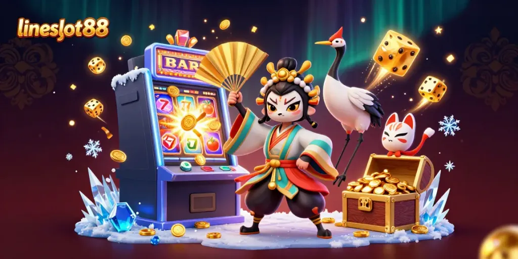 Engage with lineslot88 through a vibrant casino scene filled with jackpots and colorful characters.