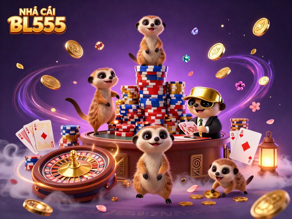 Experience thrilling gameplay at NHÀ CÁI BL555 with animated meerkats in a vibrant casino scene.