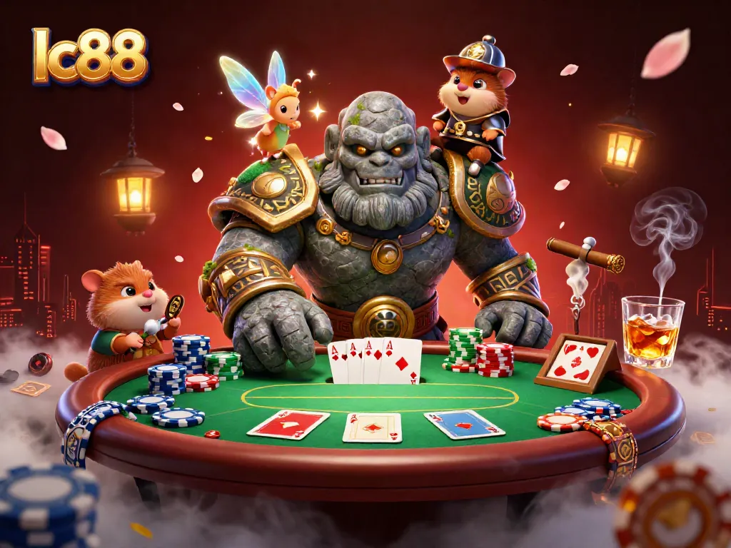 Experience the magic of lc88 with a vibrant casino scene featuring a golem guardian, fairy, and hamster knight.