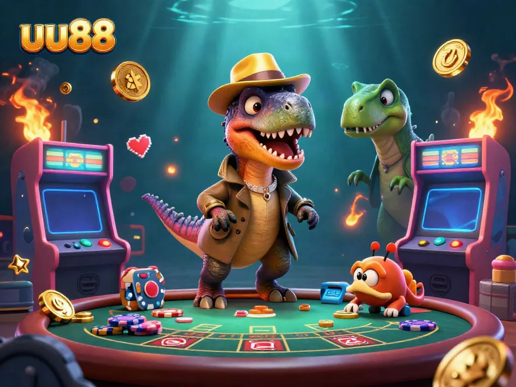 Exciting gameplay scene at uu88 casino with velociraptor card counter and glowing arcade machines.