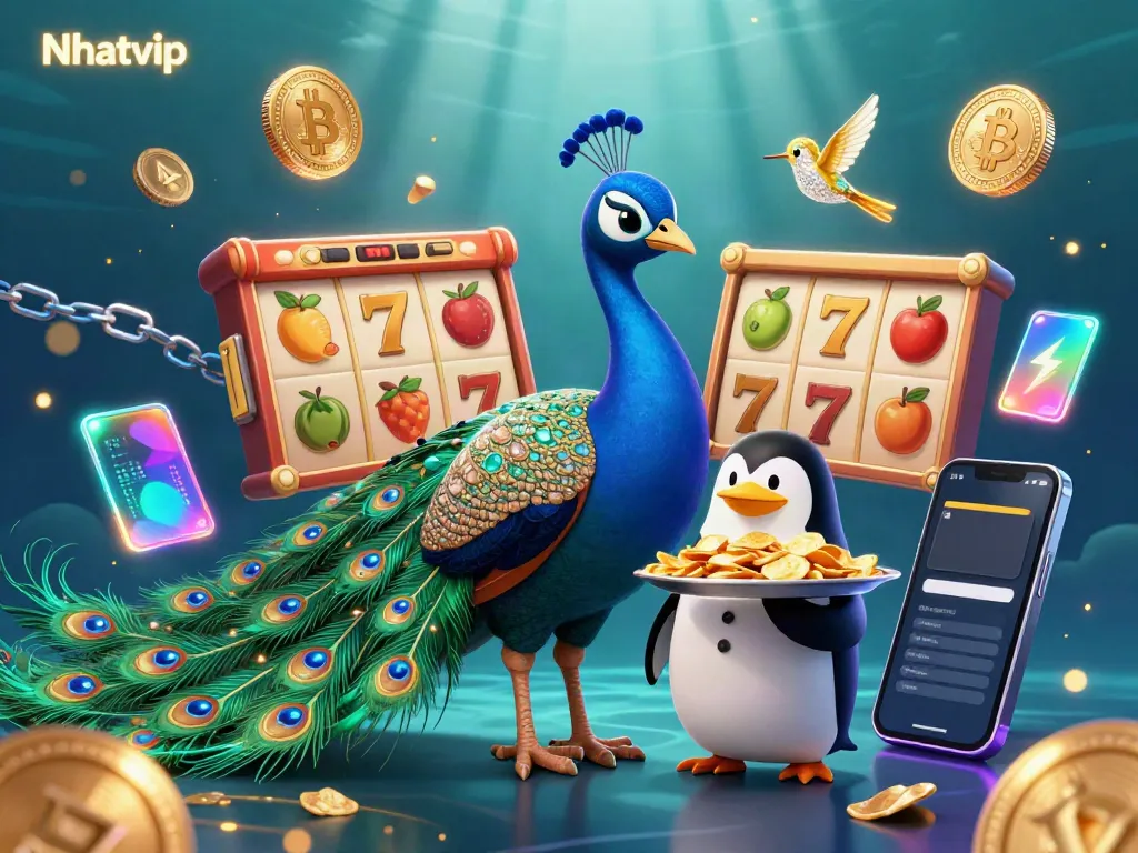 Nhatvip offers an exciting casino experience with vibrant slots and a majestic peacock illustration.