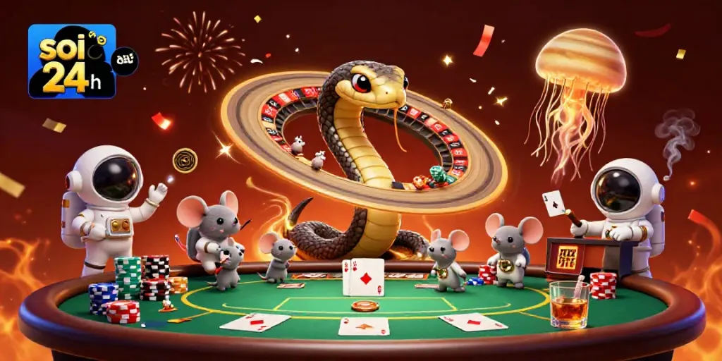 Engaging scene of astronaut mice placing bets on the soi cầu 24h roulette ring while a cosmic jellyfish dealer floats by.