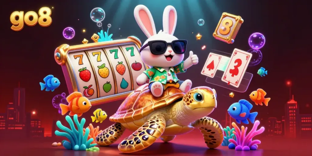 Engage in thrilling slot games at go8, featuring cartoon characters and dynamic game elements in vibrant colors.