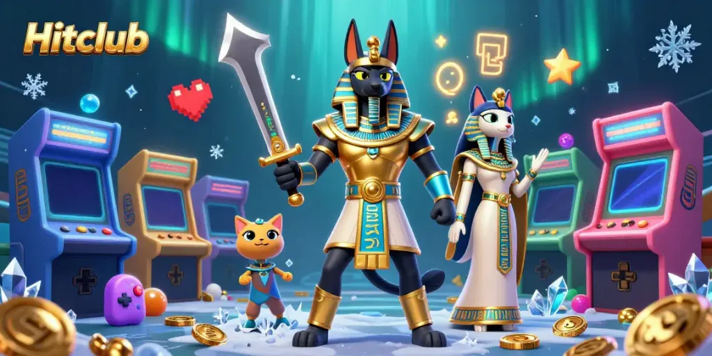 Engage with Hitclub's vibrant gaming universe featuring Anubis and Bastet in a dynamic casino scene.