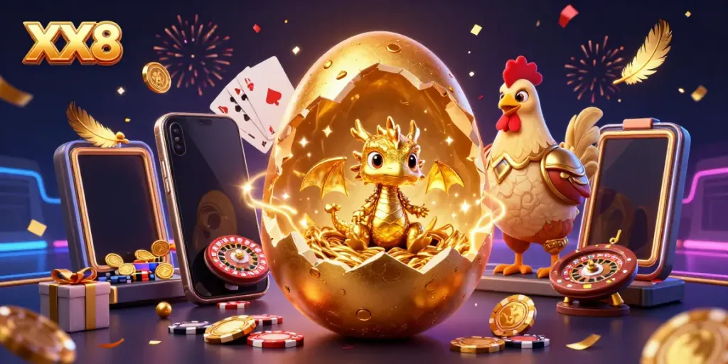 Engage in thrilling gameplay with the dazzling XX8 golden baby dragon and casino elements