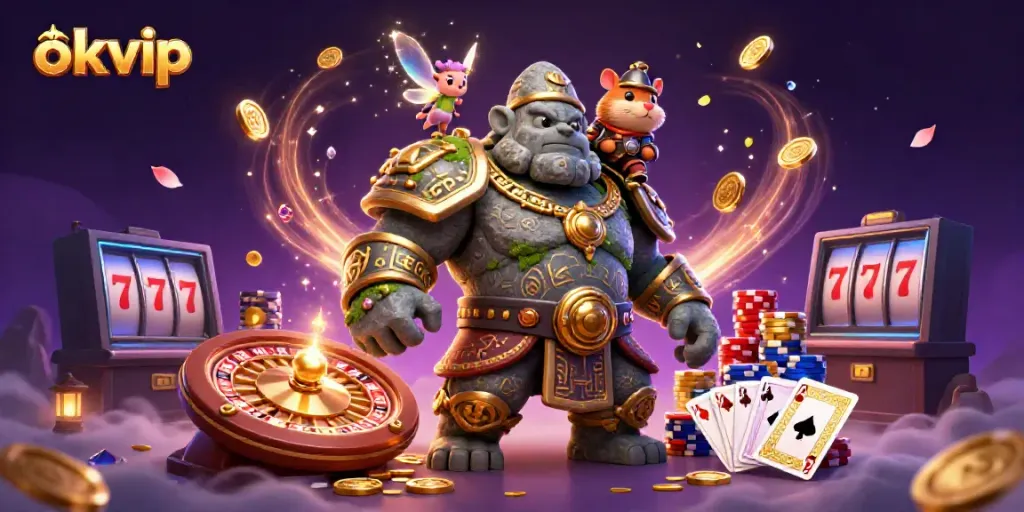 Experience the charm of okvip with an ancient golem, a fairy, and a hamster knight in a rich casino-themed scene.