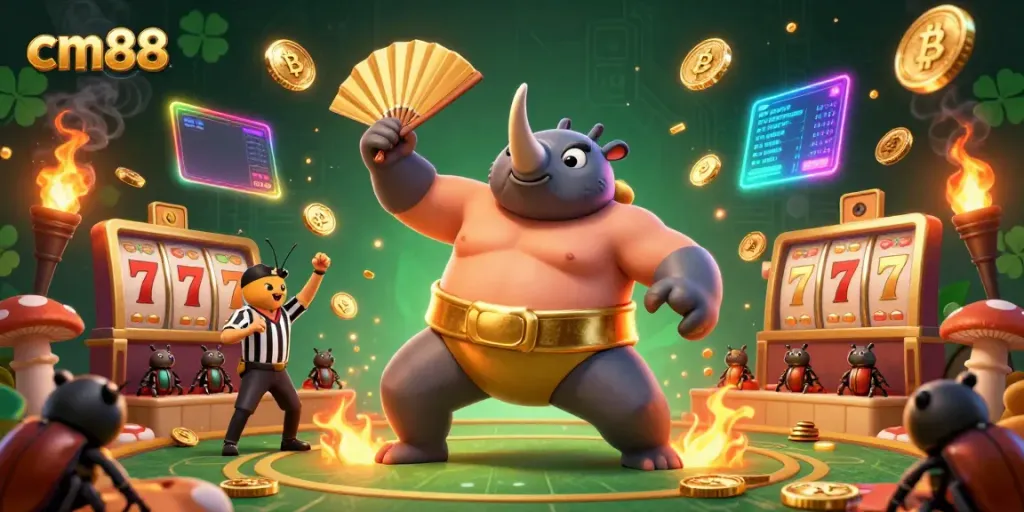 Experience the energy of cm88 with a vibrant 3D casino scene featuring golden coins flying from a beetle sumo champion.