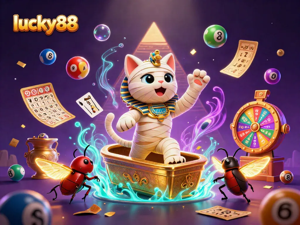 Spin to win at lucky88 featuring Egyptian mummy cat and colorful lottery elements in a vibrant casino scene