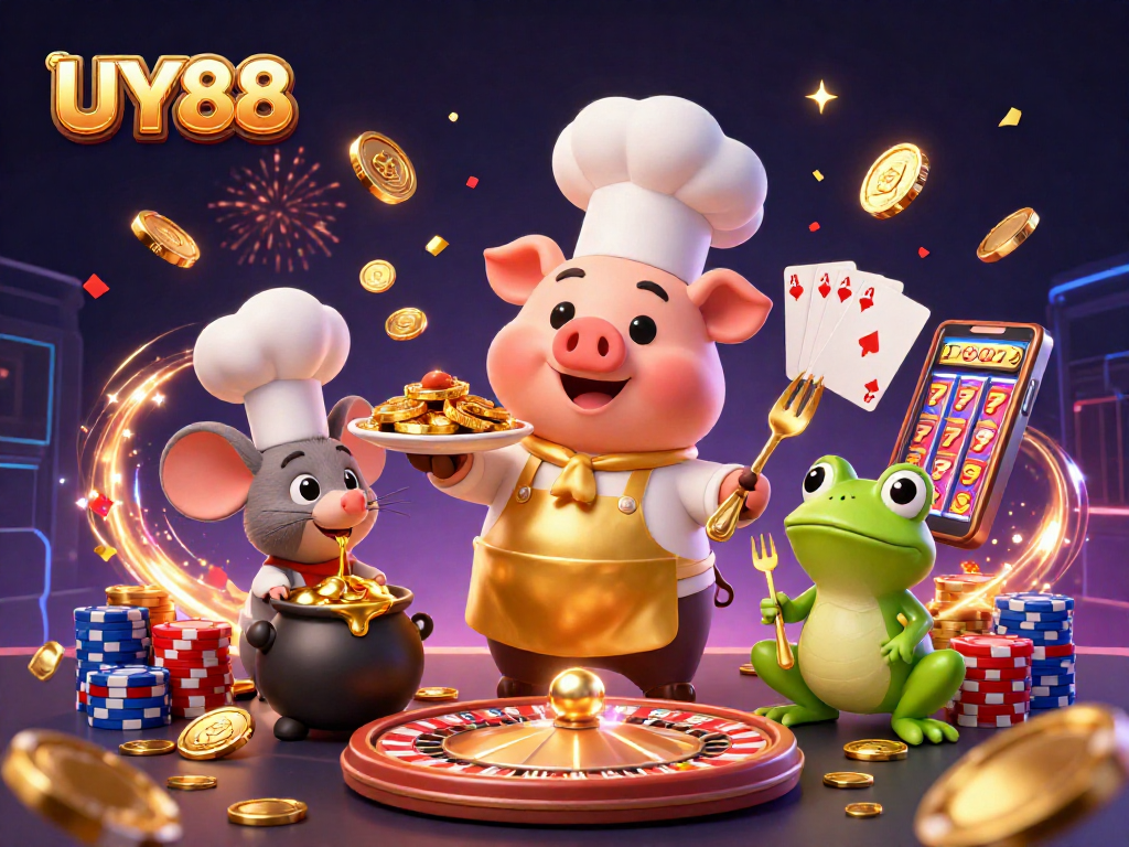 Experience excitement at UY88 with vibrant casino scenes featuring gold coins and dynamic characters.