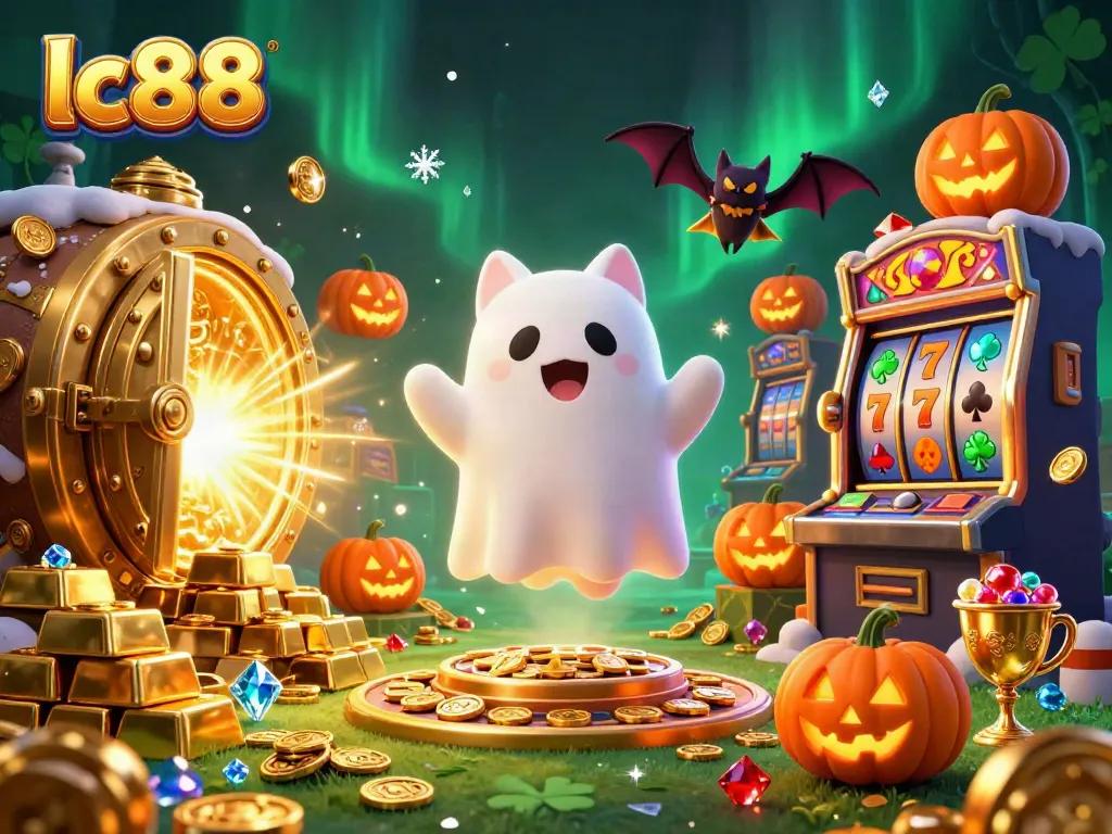 Explore the vibrant lc88 haunted casino featuring a friendly ghost cat and treasure elements.