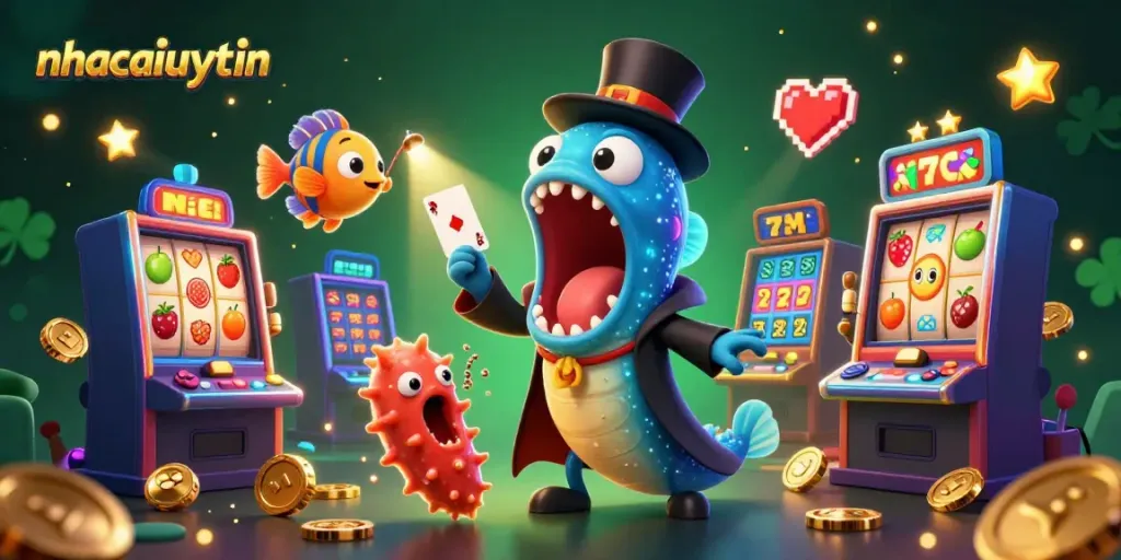 Spin the reels and win big with nhacaiuytin's vibrant casino scene featuring a magical gulper eel.