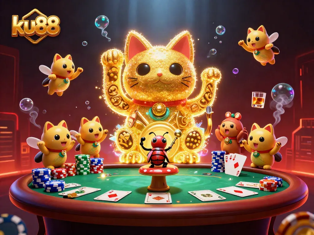 Play exciting games at ku88 with vibrant visuals featuring a lucky cat and casino elements.