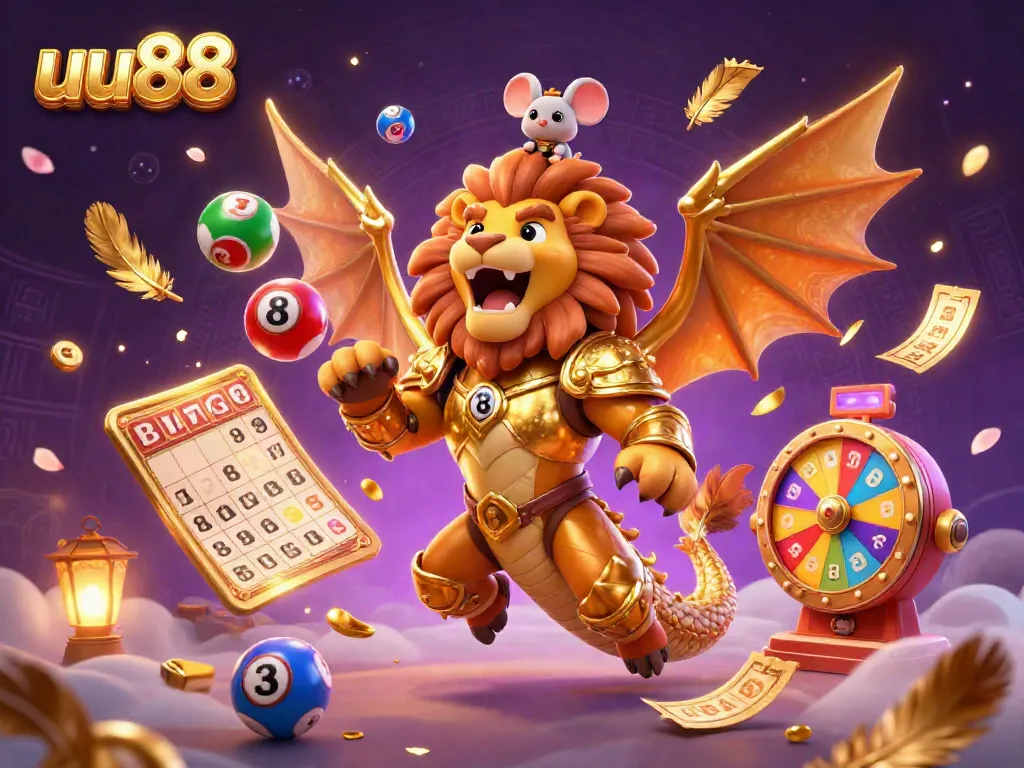 Experience the thrills at uu88 with a golden chimera and vibrant lottery elements in a dynamic 3D scene.