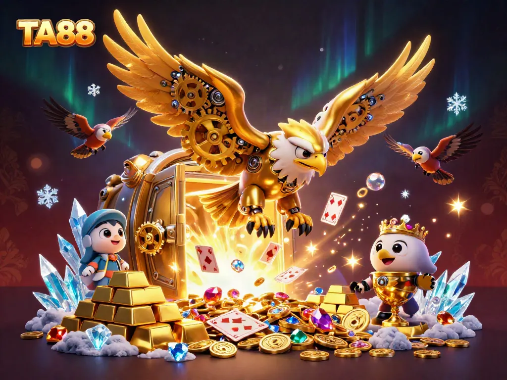 TA88 showcases a dynamic scene with a golden eagle amidst holographic cards, representing thrilling casino action.