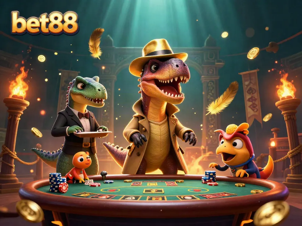 Experience thrilling blackjack action at bet88 with a velociraptor player, a pit boss stegosaurus, and a sneaky compy pickpocket.