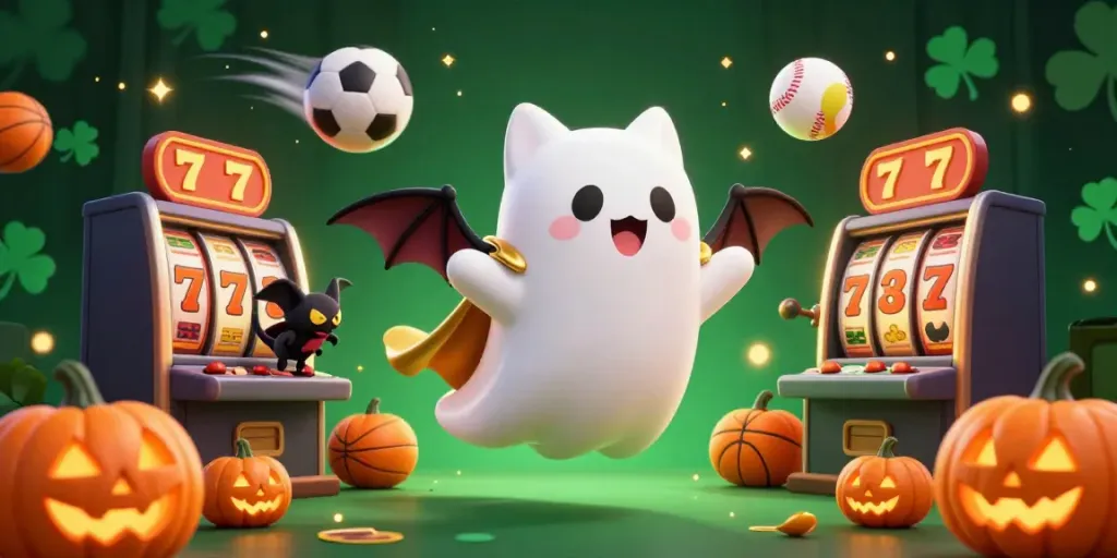 Join the fun at mm88bet with an animated scene of a ghost cat and vampire bat in a haunted casino.