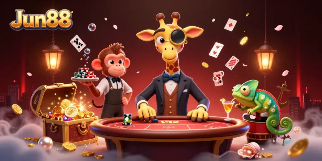 Experience the vibrant excitement of Jun88 with a high-roller giraffe, monkey valet, and chameleon bartender in an immersive casino scene.
