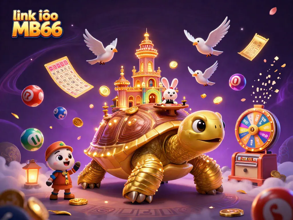 Win exciting rewards with link vào MB66, featuring a colorful 3D casino scene filled with vibrant prizes and magical elements.