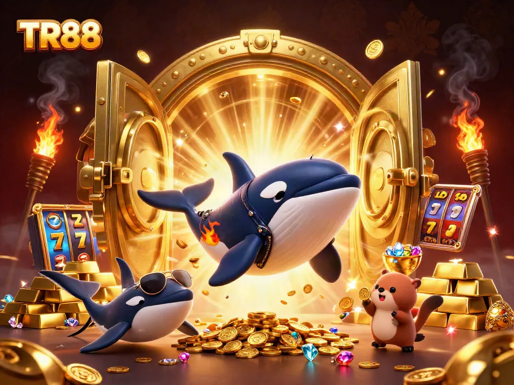 Play and win big with TR88 in this animated casino scene filled with treasure and excitement.
