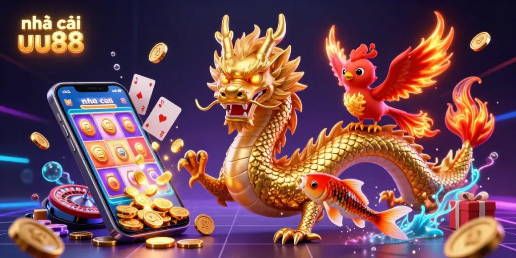 Engage with the exciting offerings at nhà cái uu88 featuring vibrant casino elements like a golden dragon and slot games.