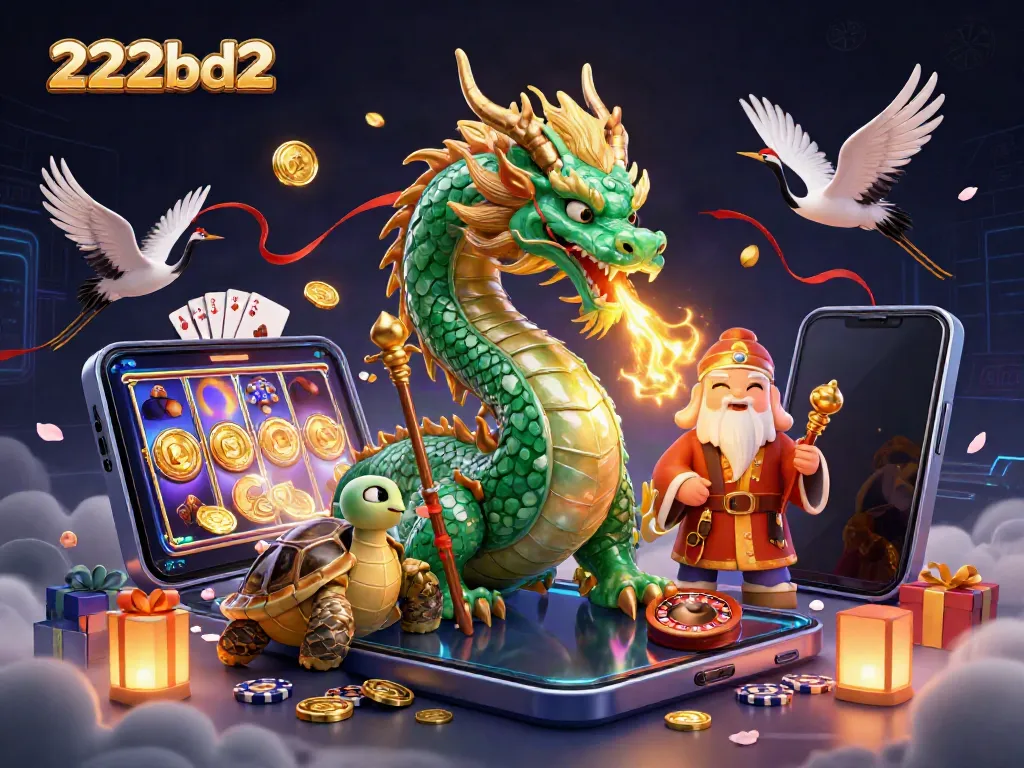 Experience the thrill of 222bd2 with a jade dragon and lucky cranes amidst vibrant casino elements.