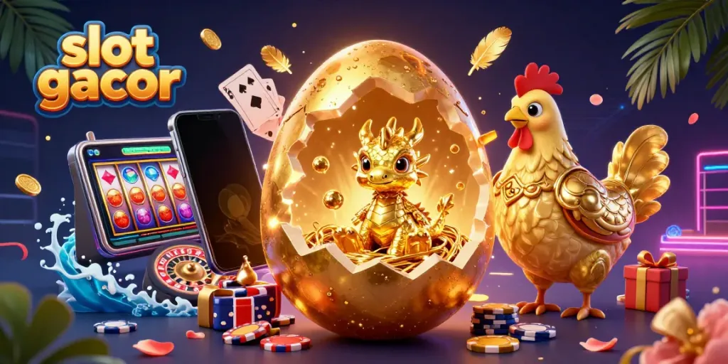 Slot gacor menampilkan naga emas dari telur raksasa di tengah chip poker dan elemen kasino menarik lainnya.