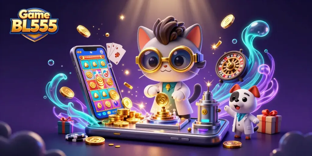 Game BL555 captures a vibrant casino scene with a mad scientist cat and assistant amidst exciting game elements.