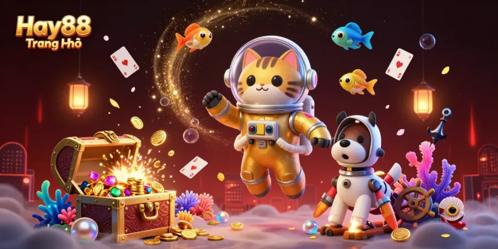 Experience thrilling gameplay with Hay88 Trang Chủ's vibrant alien casino scene featuring an astronaut cat and rich treasures.