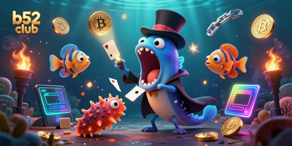 Win big with b52 club's thrilling casino games illuminated by underwater creatures performing magic tricks.