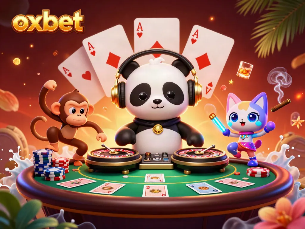 Engage with OXBET's vibrant gaming scene featuring a DJ panda, poker elements, and dynamic colorful visuals.