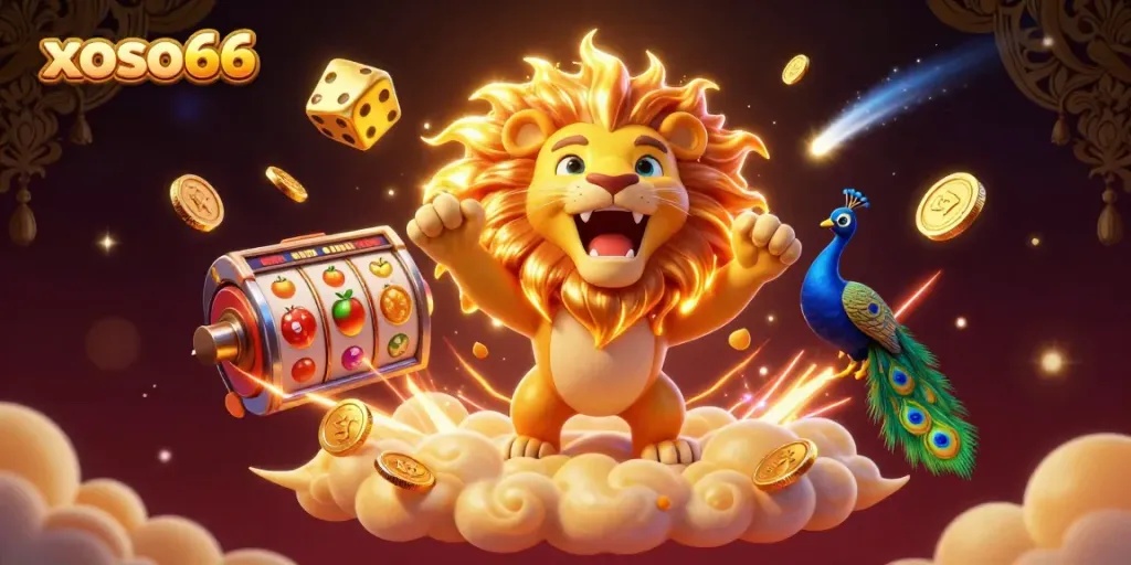 Experience thrilling gameplay with xoso66 as the sun lion roars on a platform of golden clouds amidst dynamic slot game action.