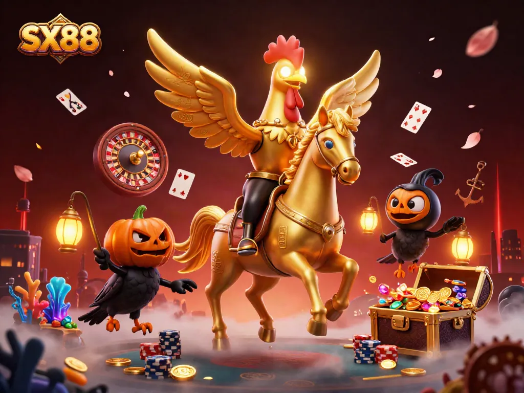 SX88 casino scene featuring a golden rooster jockeying with gaming elements like chips and cards in a vibrant setting.