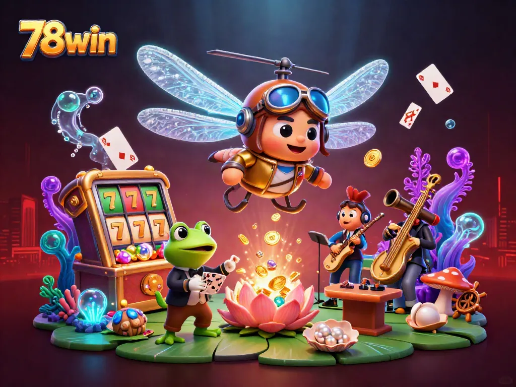 Experience the excitement of 78win with vibrant characters and rich casino elements in this dynamic 3D scene.