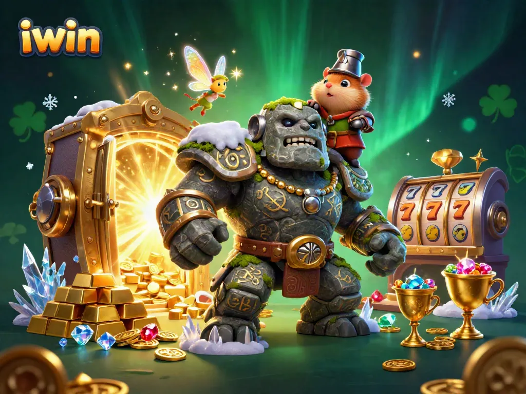 Spin the reels and win big with iwin's magical casino-themed illustration featuring dynamic characters and treasures.