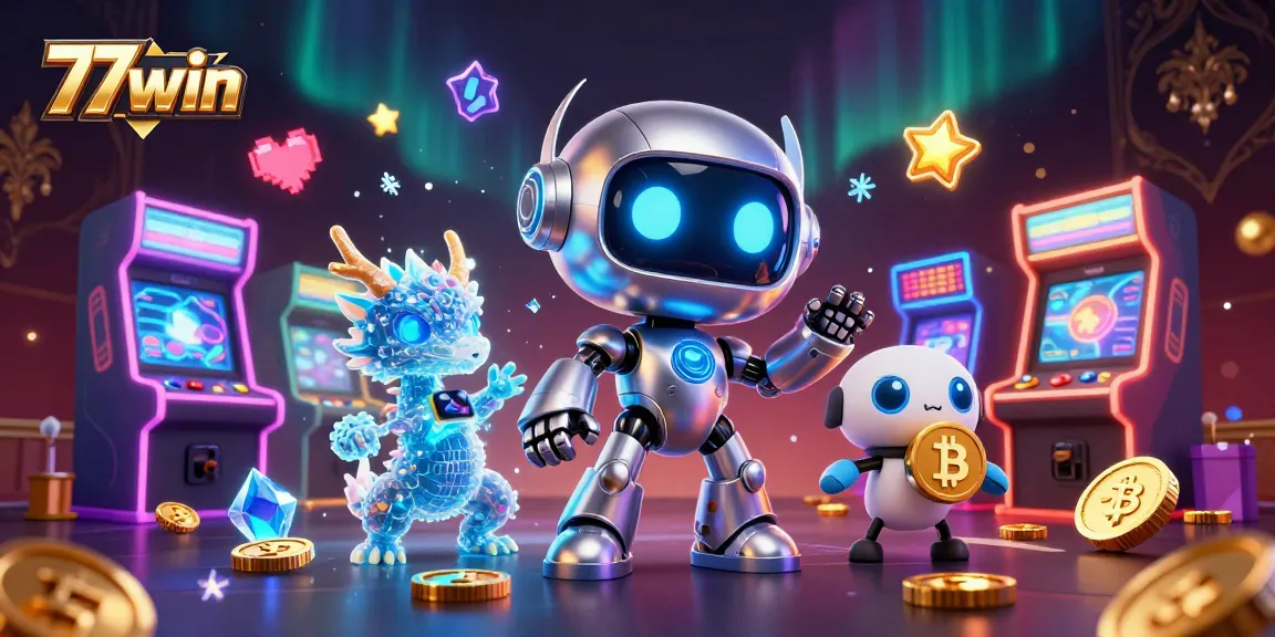 Experience thrilling gaming at 77win with a dynamic 3D illustration showcasing advanced casino features and characters.