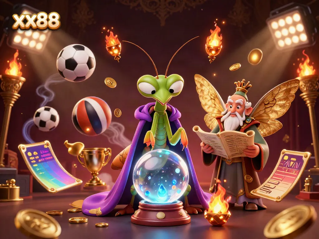 Bettors strategizing with xx88 alongside vibrant sports balls and a mystical setting