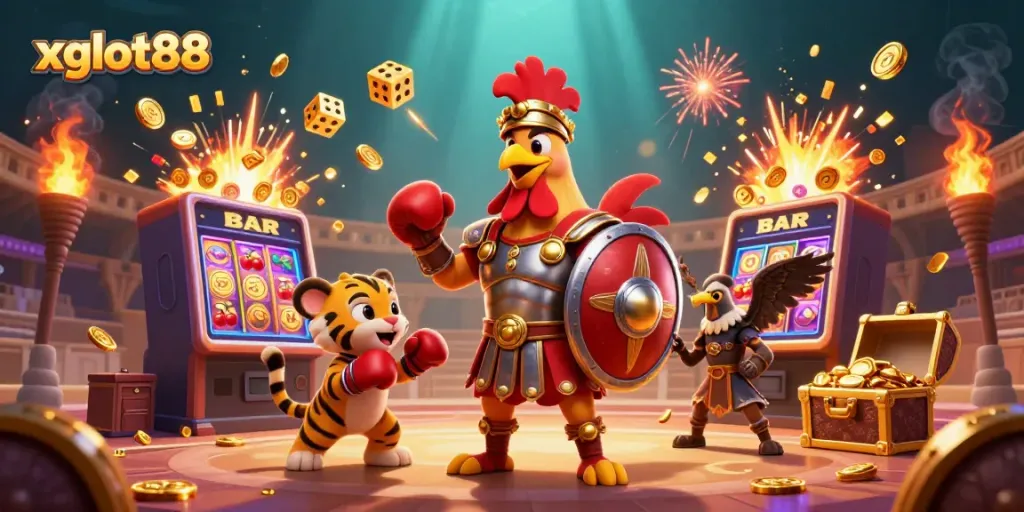 Rasakan sensasi jackpot di xgslot88 dengan ilustrasi 3D gladiator, mesin slot, dan koin berhamburan.